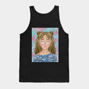 Boho Cute Girl Portrait Art Design Anime Inspired Tee for Whimsical Fashion Tank Top